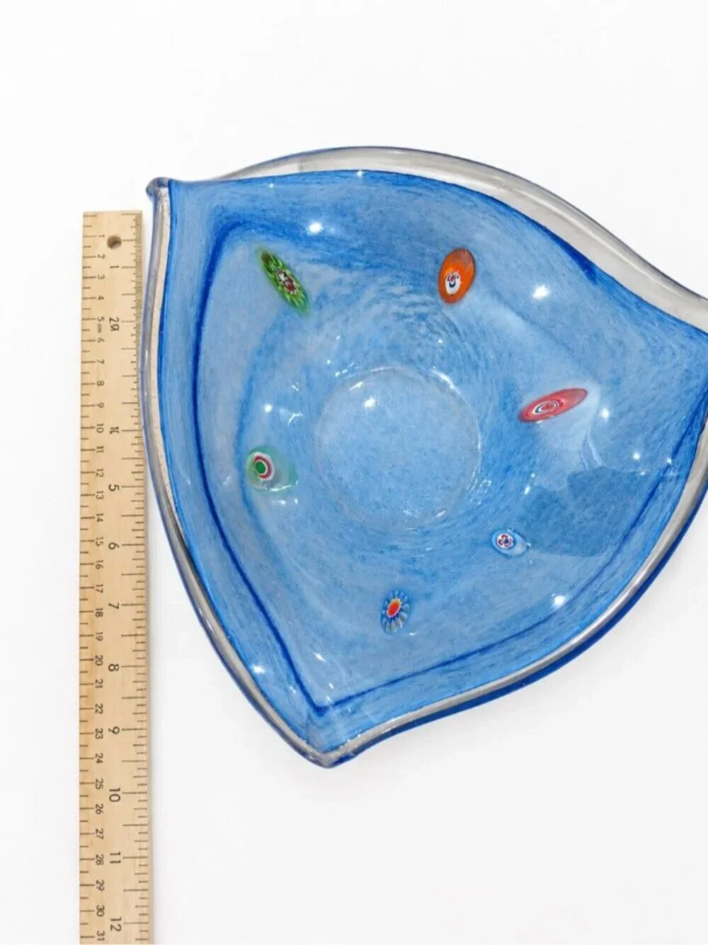 Vintage Blue Millefiori Art Glass Bowl Murano Style Hand Blown Murrine MCM Retro